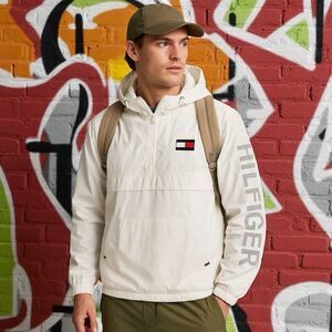 Tommy Hilfiger Windbreaker L White Spellout Hooded Half Zip Jacket Nylon